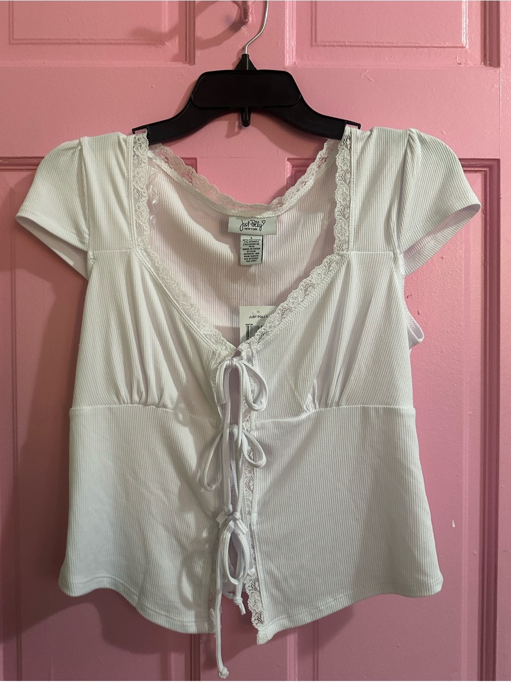 Just Polly White Ribbed Lace-Trim Tie-Front Top